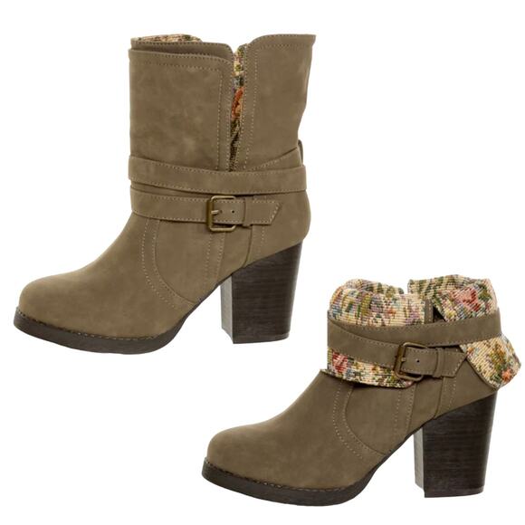 Qupid Rosdale Ankle Boots Womens 7 Brown Fold Over Floral Tapestry Block Heeled - Picture 1 of 13